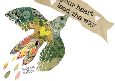 Inspirational sticker - Collage art of a bird with a banner in its beak that says "Let your heart lead the way".