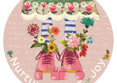 A circular collage depicts someone in rollerskates. The bottom portion of the person's striped floral dress or skirt shows, as do legs with striped leggings, and rollerskates with flowers tucked inside them. Nurture Your Joy is written across the bottom. New inspirational sticker